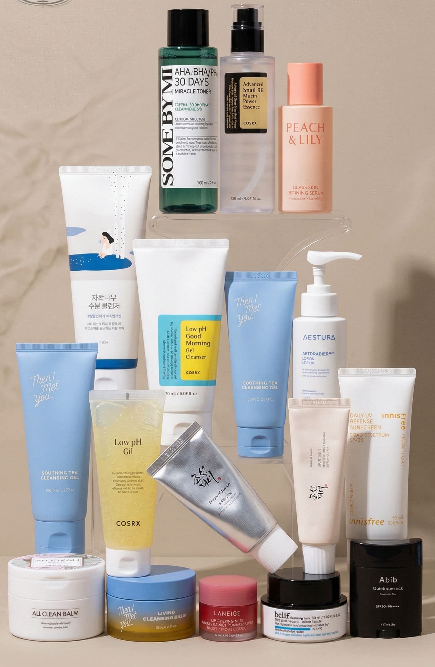 Curated Korean skincare and beauty products arranged for the Cosmain landing hero.